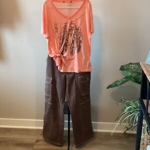 SO Peach Top and Brown Wide Leg Pants Set drop sleeves